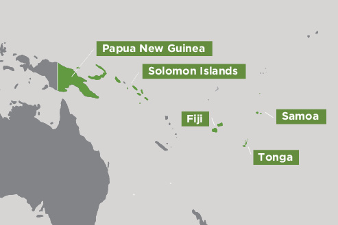 Map of Fiji, Papua New Guinea, Samoa, Solomon Islands and Tonga
