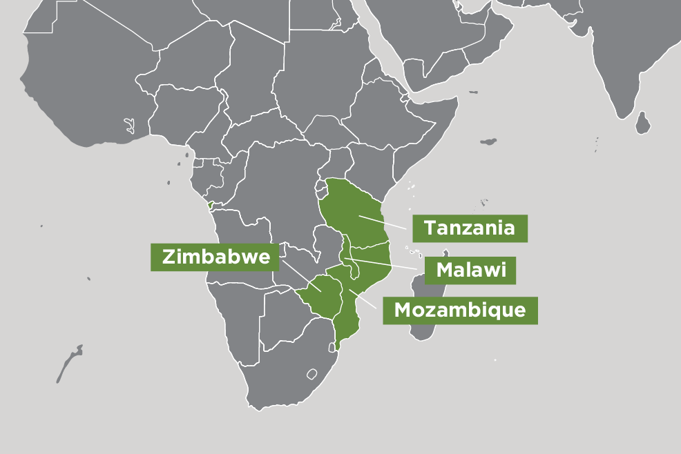 Map of Malawi, Mozambique, Tanzania and Zimbabwe