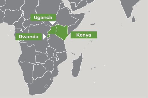 Map of Africa showing Rwanda, Uganda, and Kenya