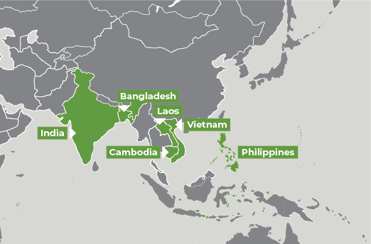 Map of South- and South-East Asia Bangladesh, Cambodia, India, Laos, Philippines, Vietnam