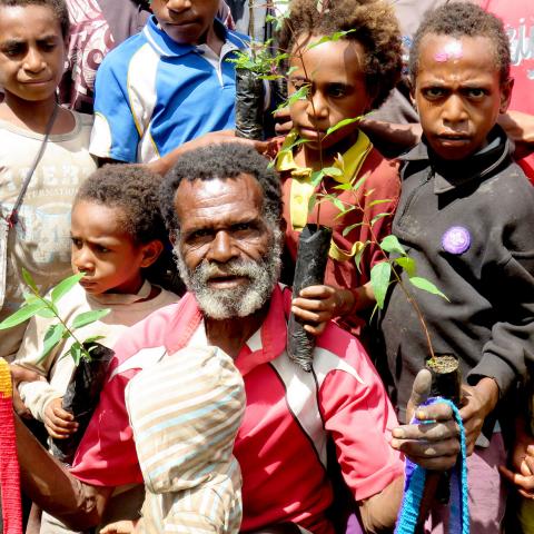 Man and children holding saplings Papua New Guinea