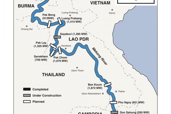 Dams, completed and planned on the Mekong River as at June 2017. Mekong River Commission environmental report and International Rivers.
