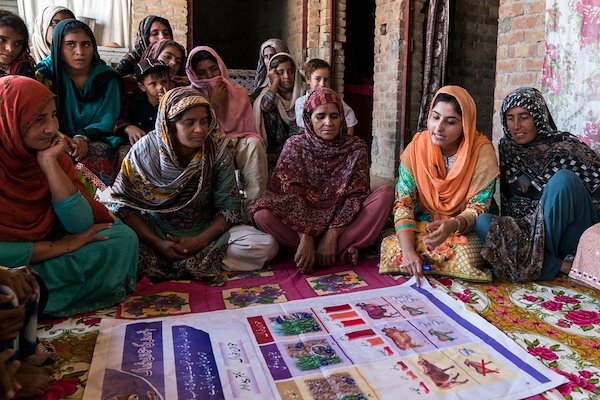 Farmer Sarwar Bibi (centre with red head scarf) from village 83D sits with her fellow female farmers and talks to Punjab Province area adviser Anam Afzal (orange head scarf) Image: ACIAR/Conor Ashleigh