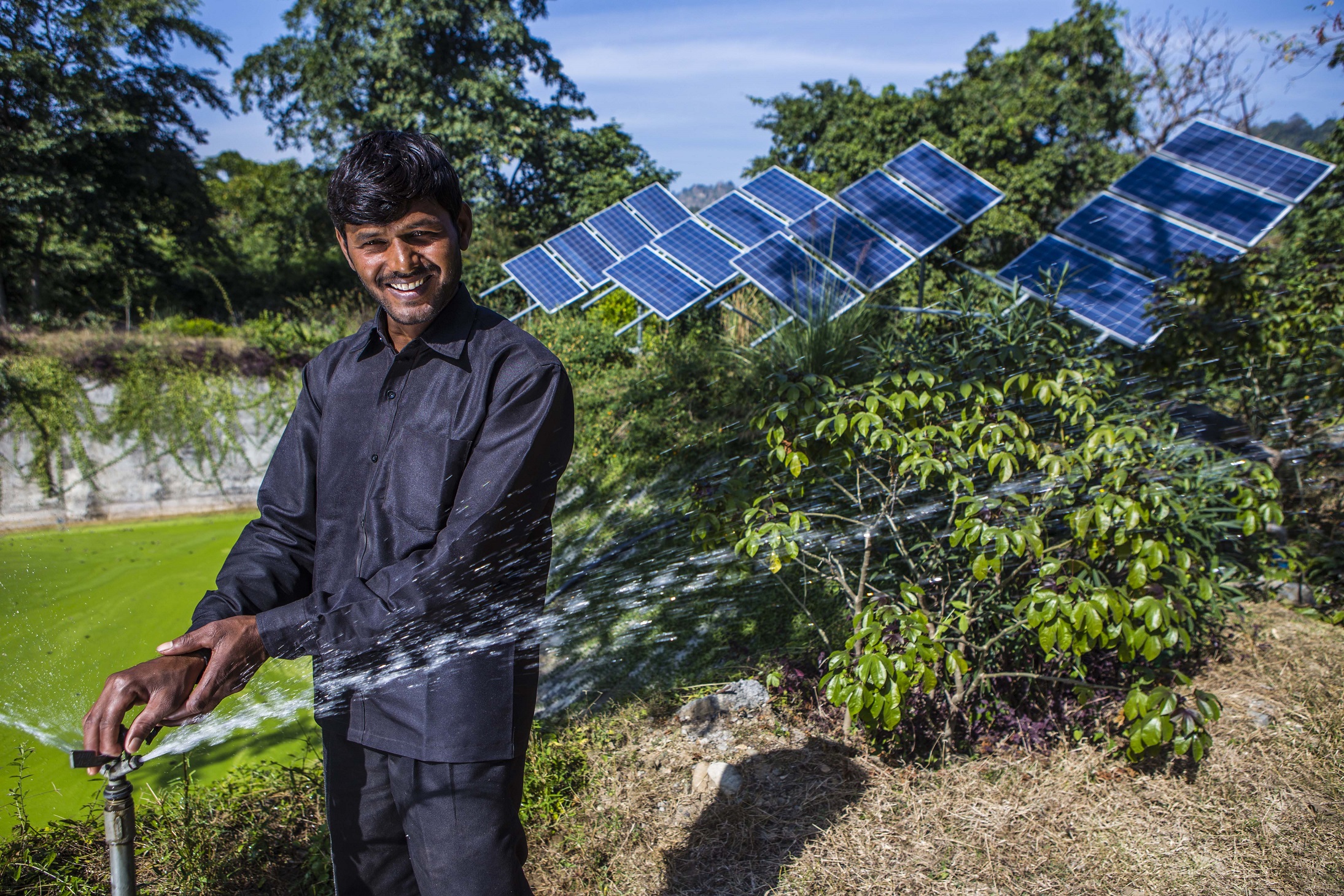 man in front of solar panels