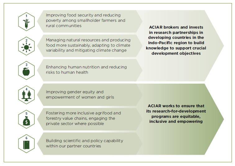 Improving food security and reducing poverty among smallholder farmers and rural communities, Managing natural resources and producing food more sustainably, adapting to climate variability and mitigating climate change, Enhancing human nutrition and reducing risks to human health, Improving gender equity and empowerment of women and girls, Fostering more inclusive agrifood and forestry value chains, engaging the private sector where possible, Building scientific & policy capability within partner countries