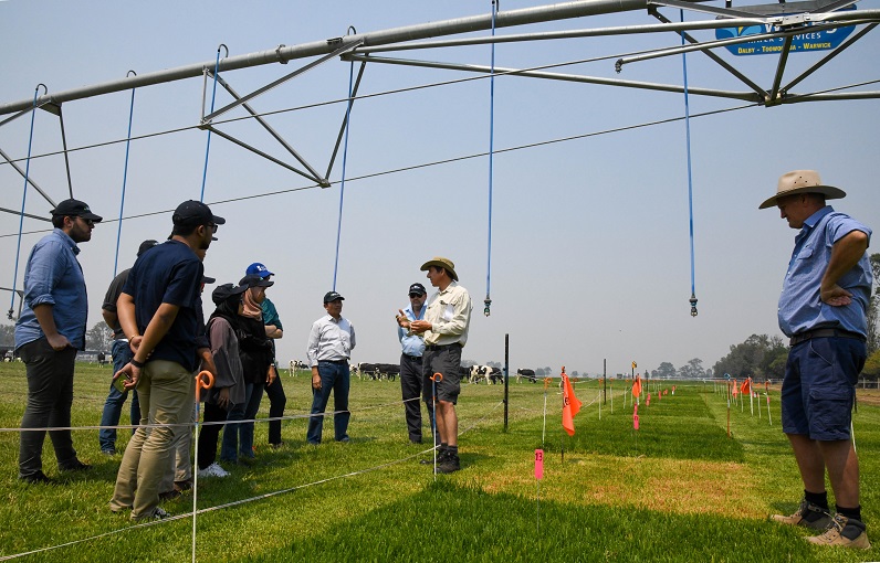 people standing under an irrigator 