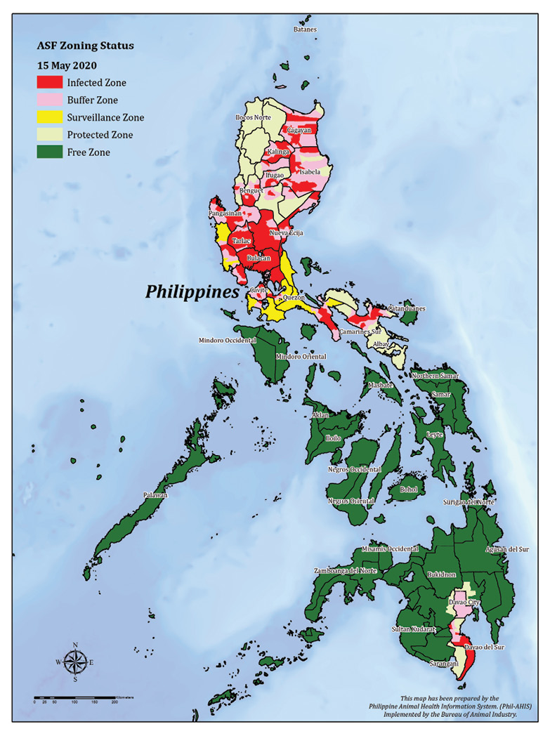 A map of the Philippines showing zoning status for Africa swine fever, at May 2020