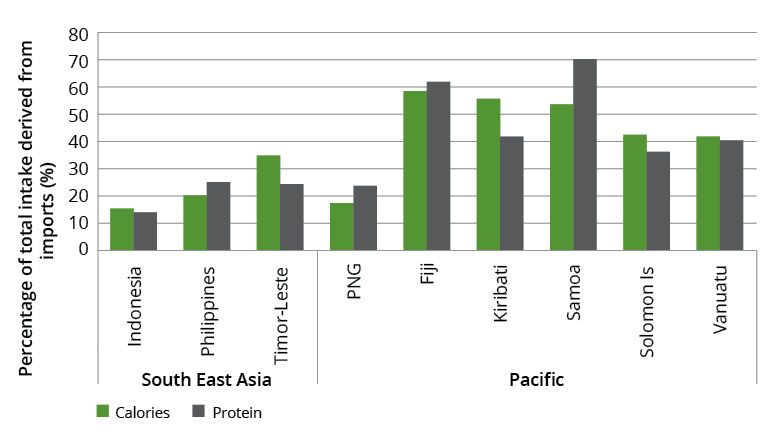 A column graph showing the percentage of total caloric and protein intake derived from imports in selected countries in South-East Asia and the Pacific region.