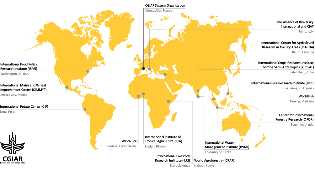 A map showing the locations of the 15 agricultural research centres of the CGIAR system