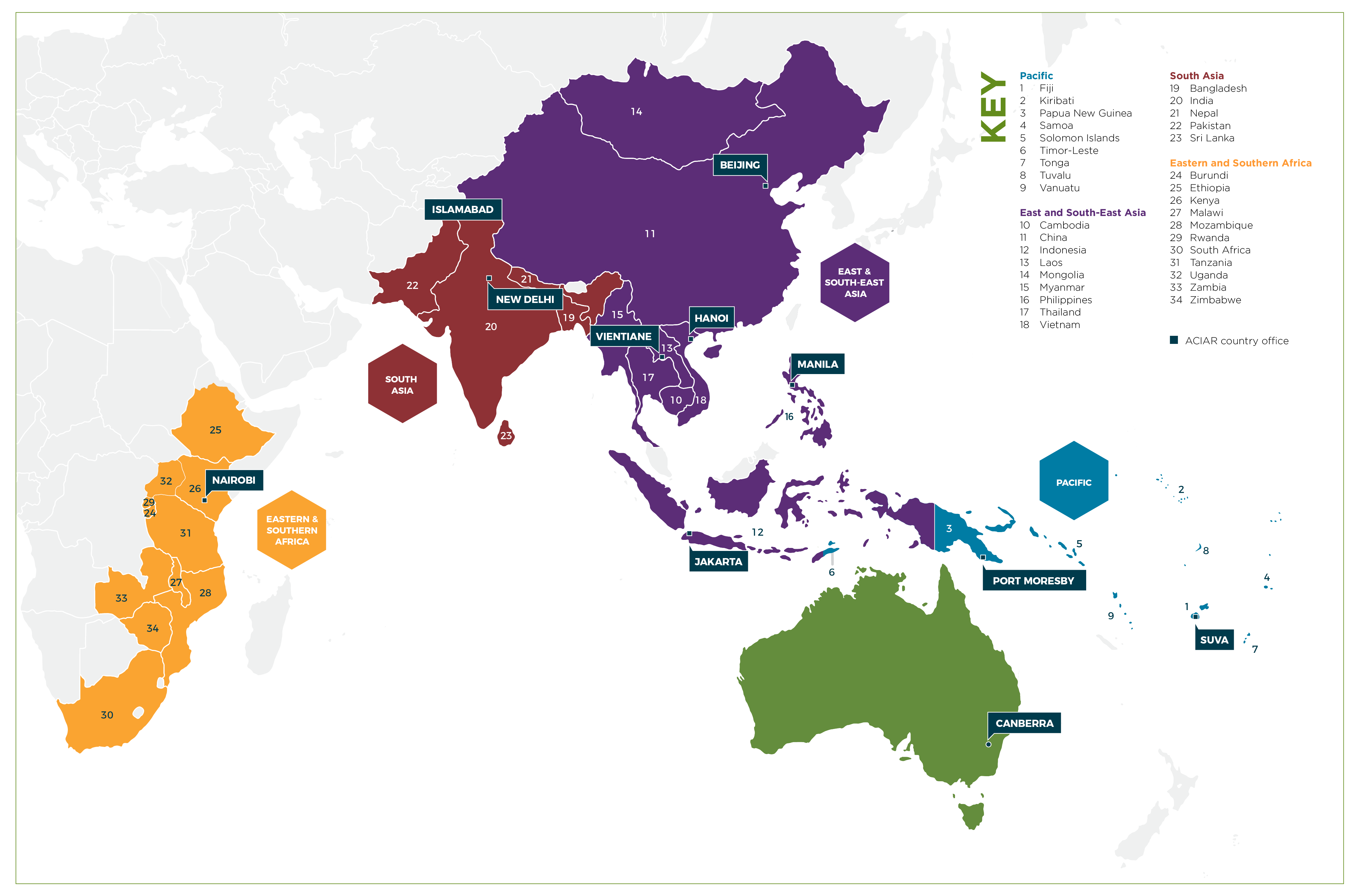 Map showing ACIAR regions and partner countries