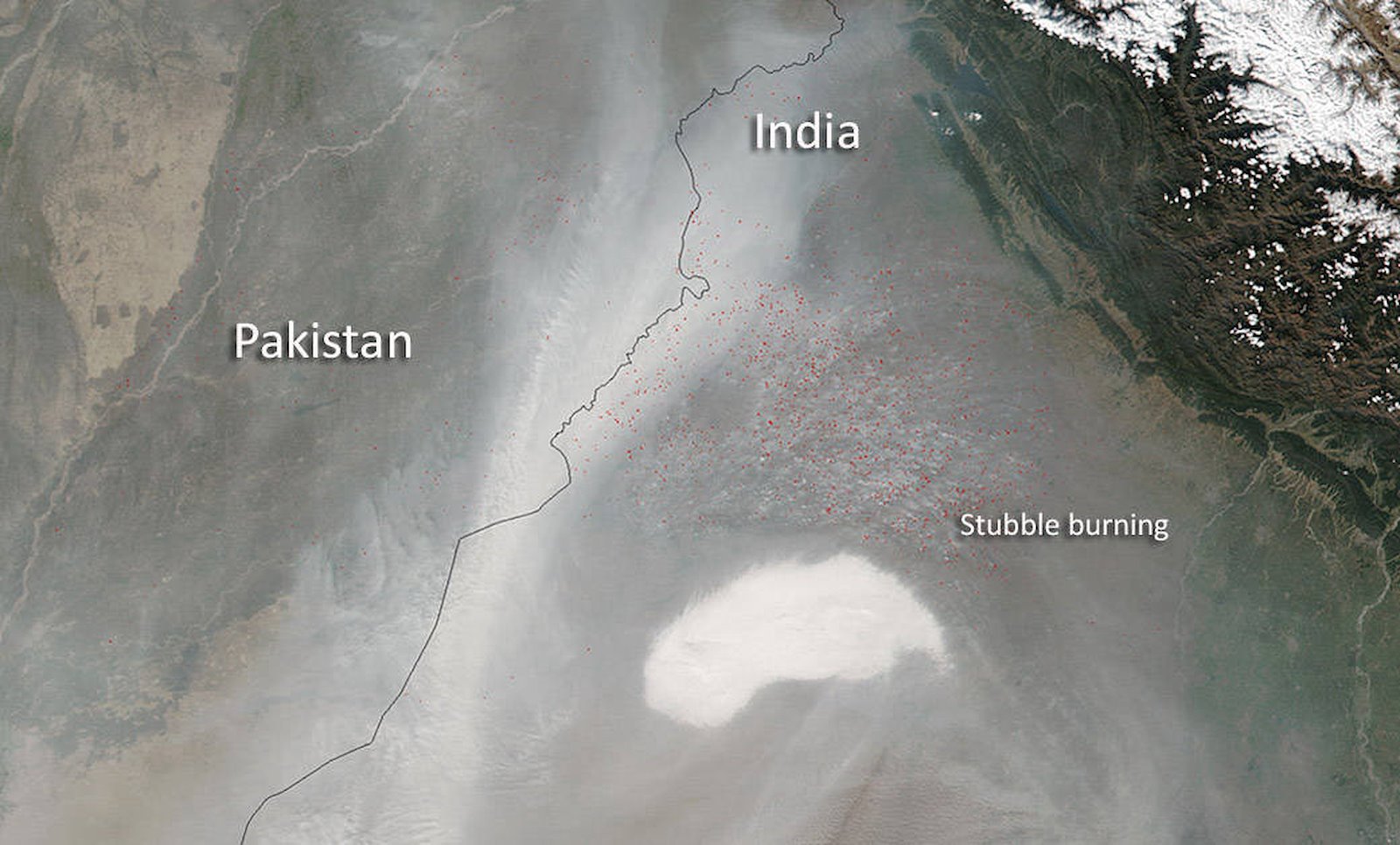 The extent of stubble burning captured by a NASA satellite in 2015