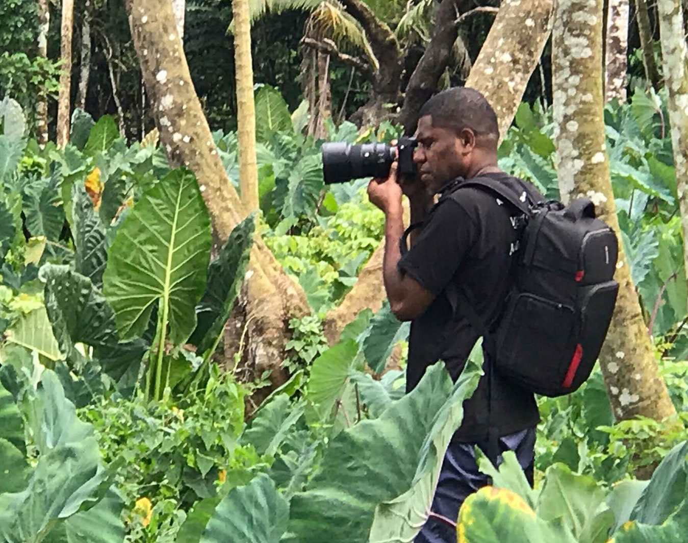 Man taking a photo in thick green vegetation