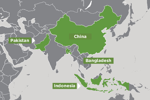 Map of Bangladesh, China, Indonesia and Pakistan