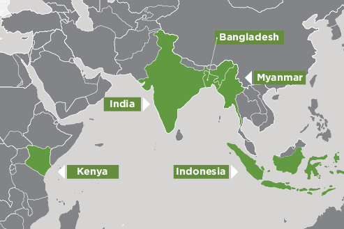 Map of Bangladesh, India, Indonesia, Kenya and Myanmar