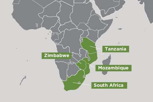 Map of Mozambique, South Africa, Tanzania and Zimbabwe