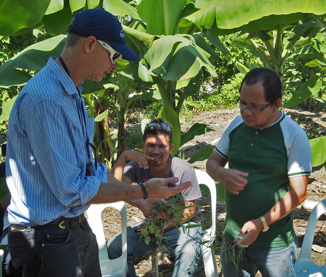 ACIAR Project Dr Tony Pattison speaking to a Filipino farmer in 2014 during previous ACIAR-supported efforts manage the spread of TR4 in the Philippines. 