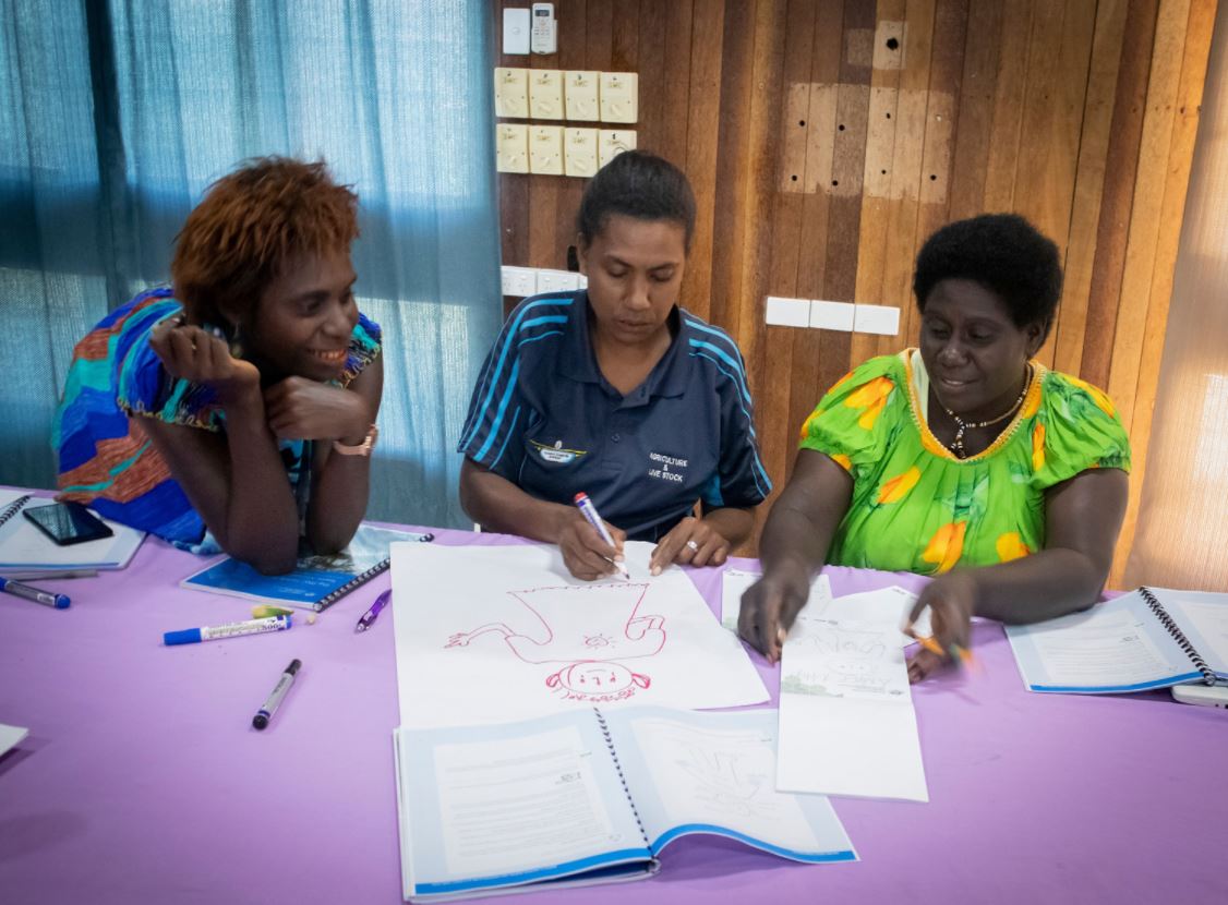 Participants, including Elisabeth Pisia (far right), during the three-day Family Farm Teams (FFT) Masterclass, held in the Autonomous Region of Bougainville. The FFT training focusses on the family unit and how both men and women can work in a more equitable and effective way to improve their livelihoods