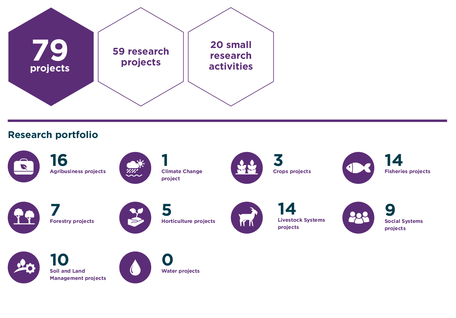 79 projects, 59 research projects, 20 small research activities