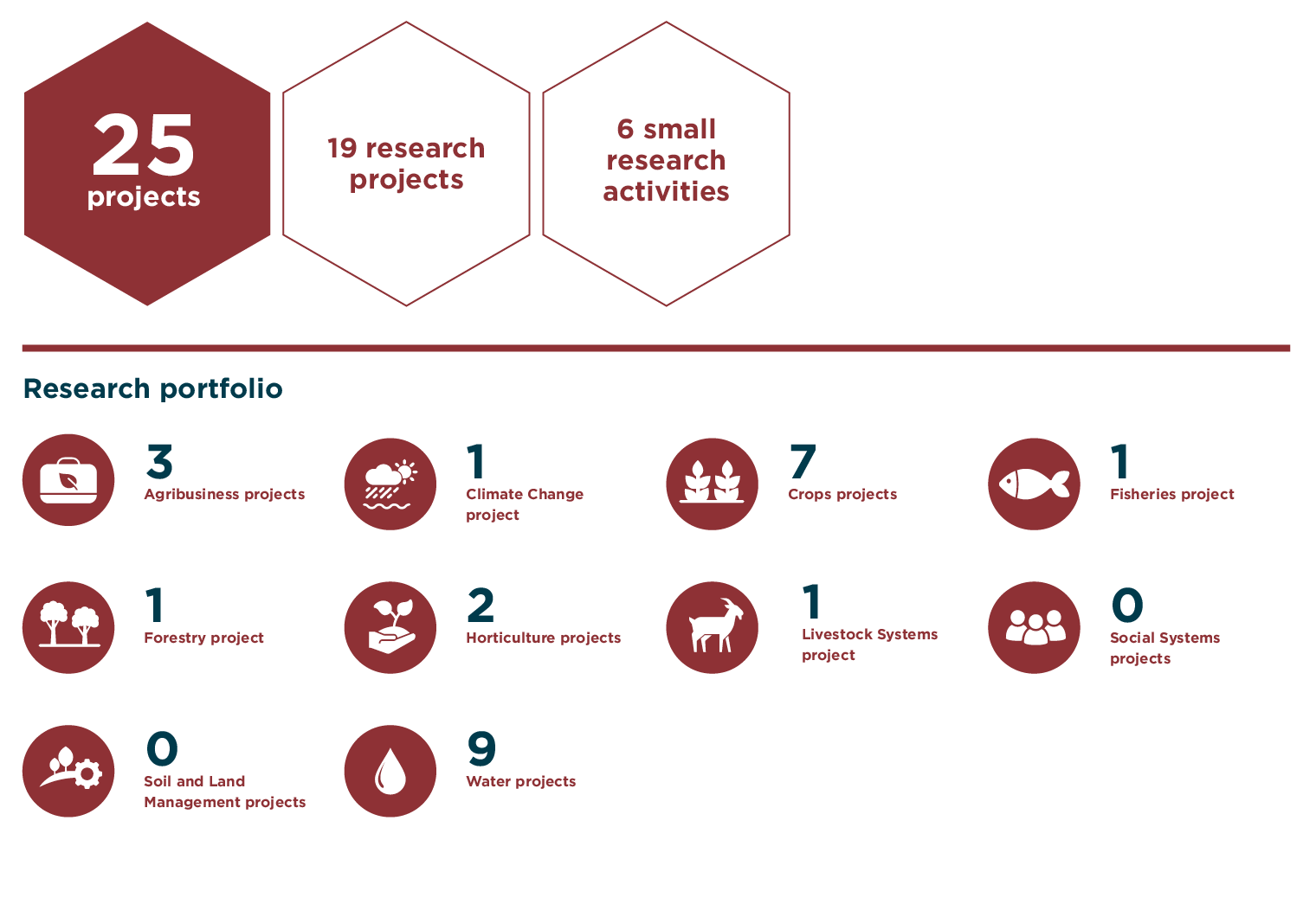 25 projects, 19 research projects, 6 small research activities