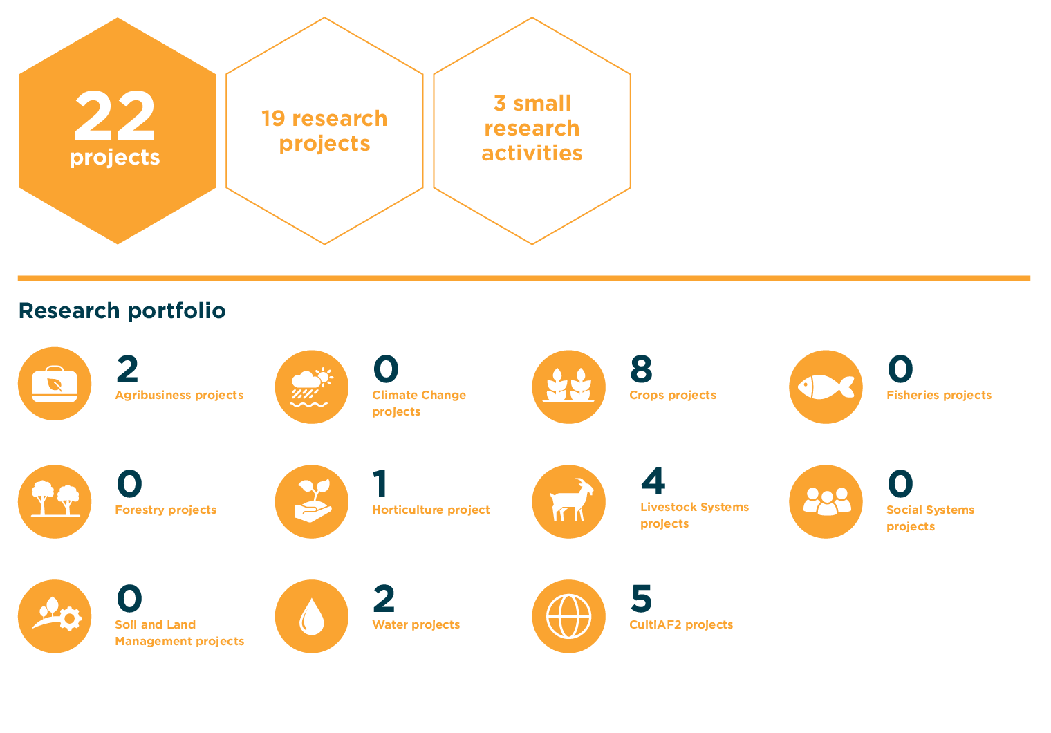 22 projects, 19 research projects, 3 small research activities