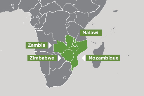 map of southern part of Africa highlighting Zambia, Zimbabwe, and Mozambique