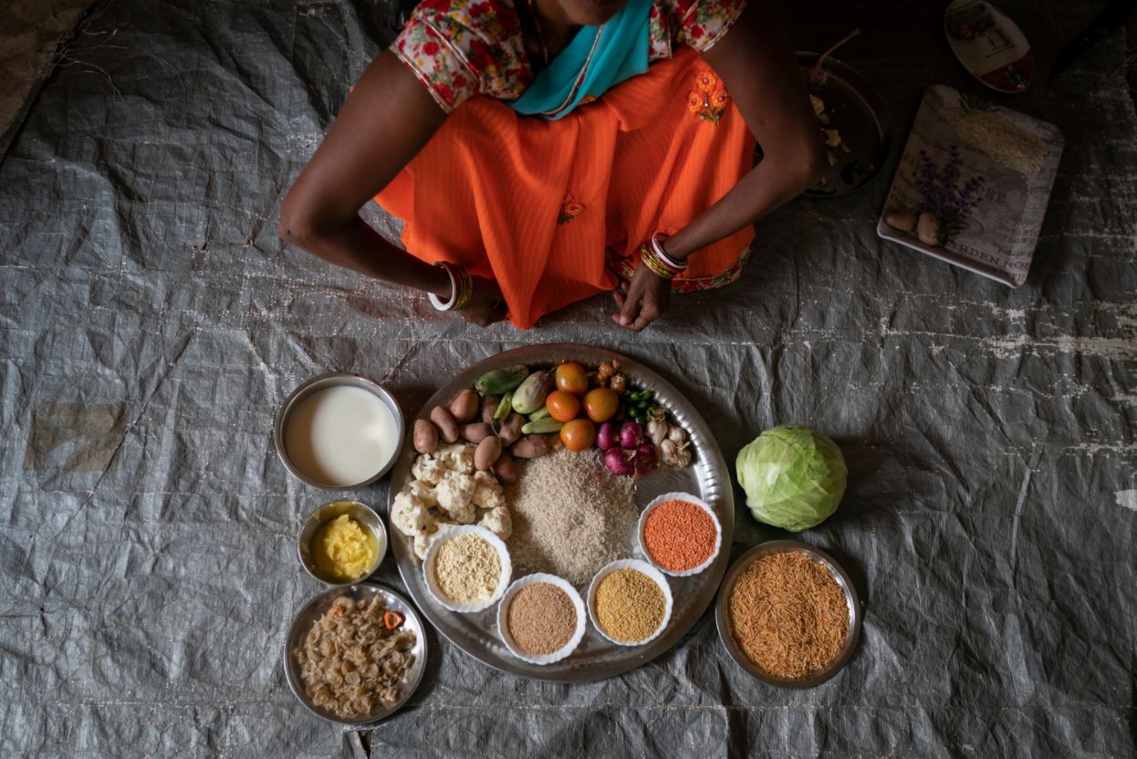 A platter of food prepared by Indian farmer Nutan Devi shows a range of nutritious food her family now eats. She can afford this now because, through SDIP, they have adopted conservation agriculture based sustainable intensification practices which have increased their crop yields and profits from farming.