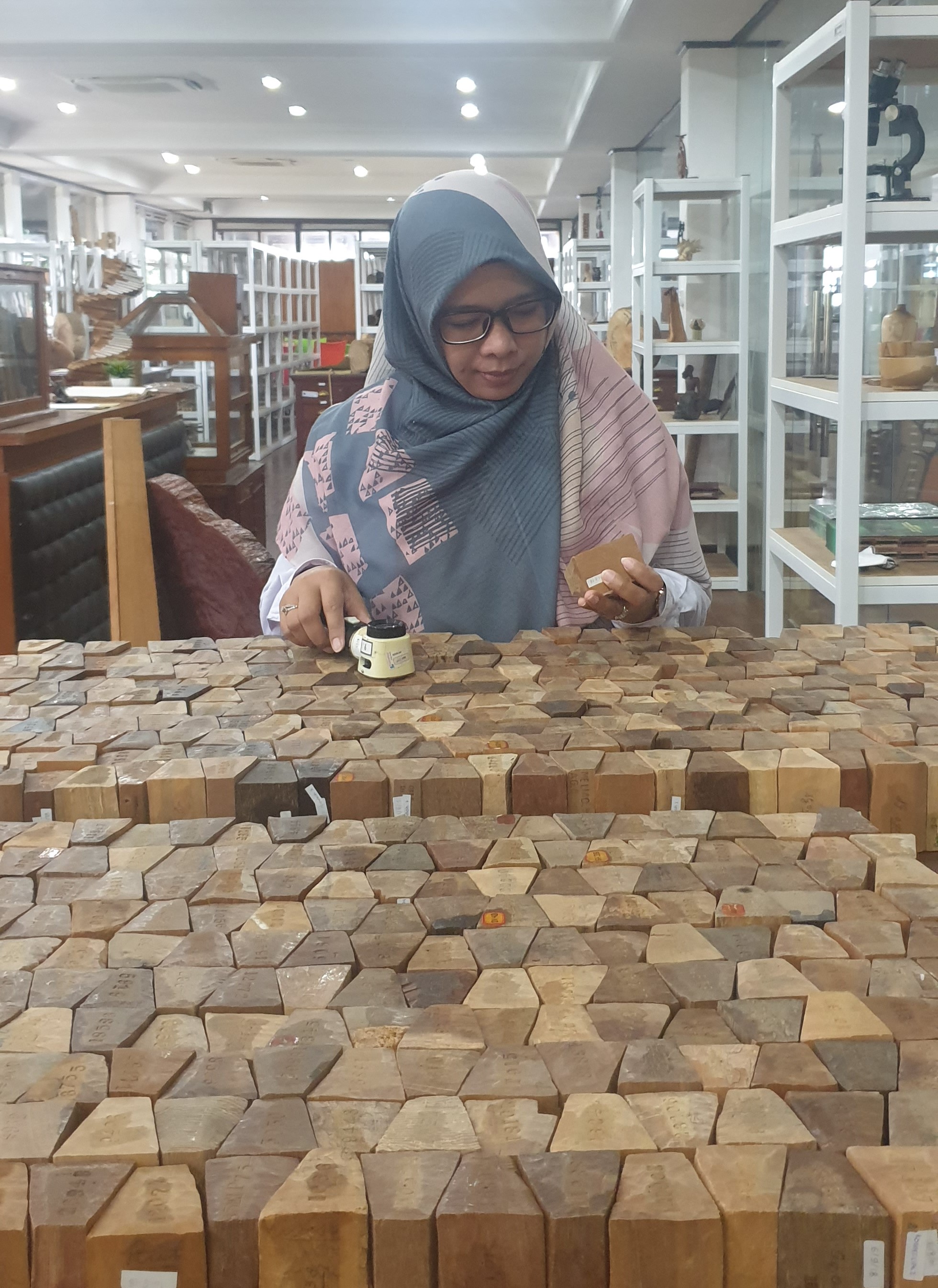 Woman inspecting blocks of wood