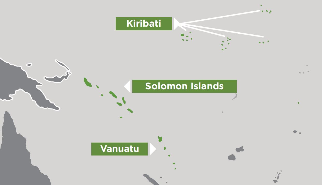 Map of the Pacific showing Kiribati, Solomon Islands, Vanuatu