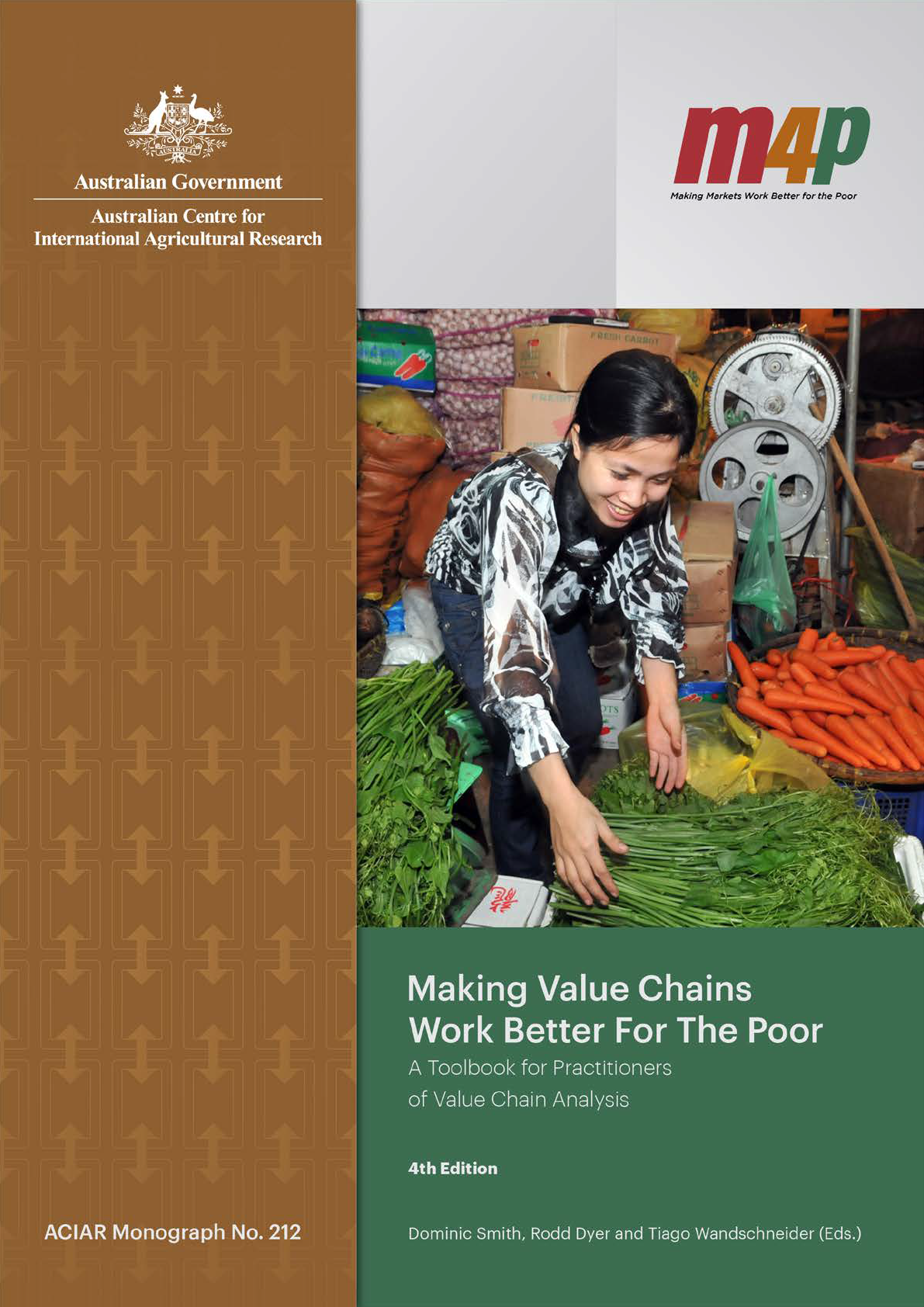 Book cover with feature image of a person arranging vegetables at a market stall