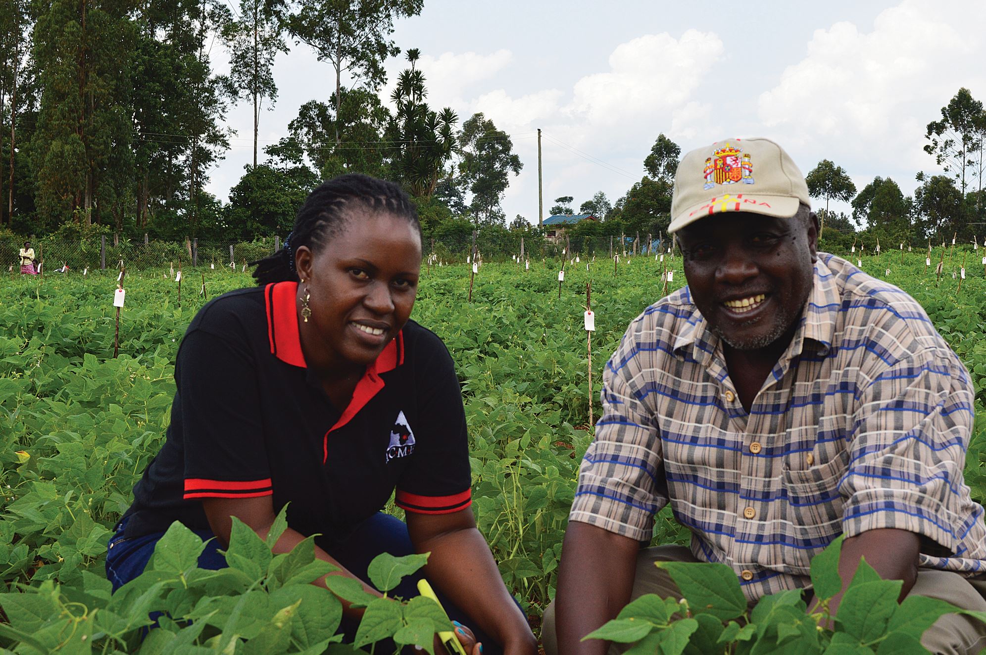 A man and a woman sitting down looking to camera in a vegetable crop