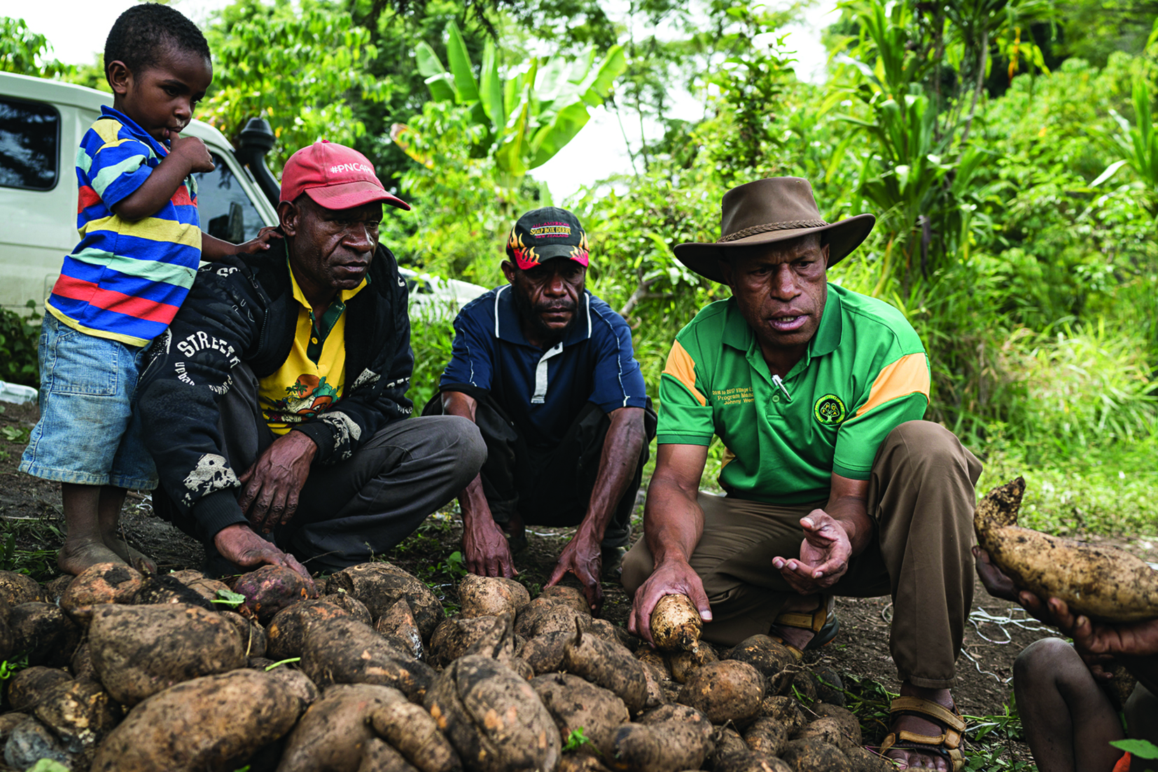 3 men and a child with sweet potatoes in new guinea