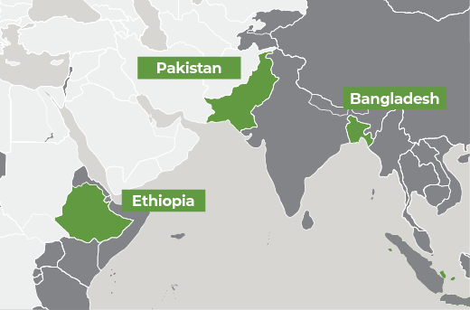 Map showing Ethiopia, Bangladesh, Pakistan