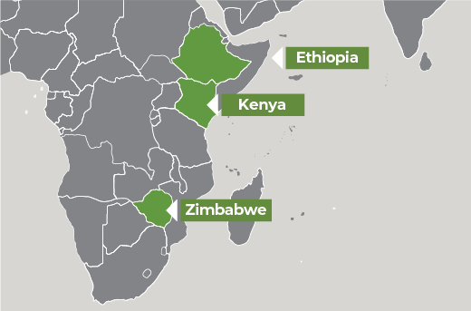 Map of Africa showing Kenya, Ethiopia, Zimbabwe