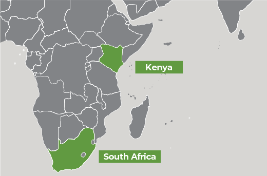 Map of Africa showing South Africa and Kenya