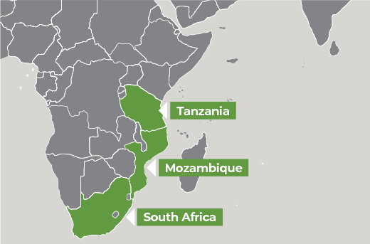 Map of Africa showing Tanzania, Mozambique, South Africa
