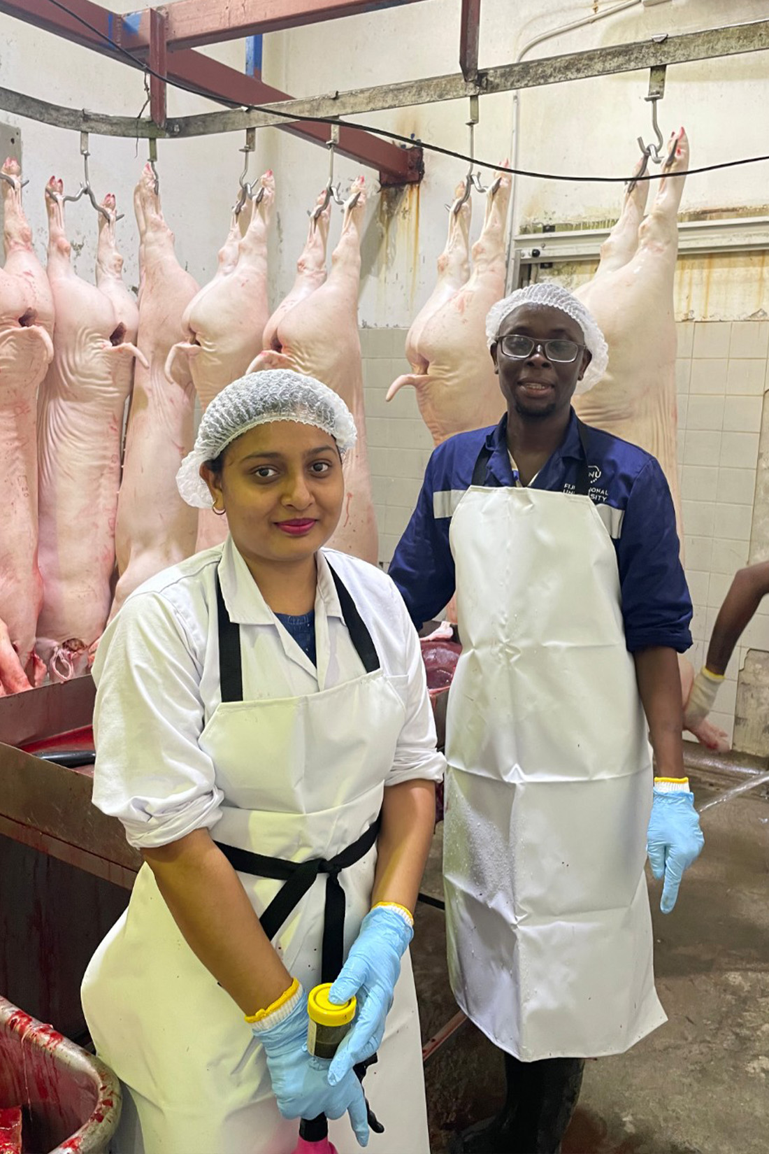 A woman and a man wearing white aprons and hair nets, with pigs hanging in the background.