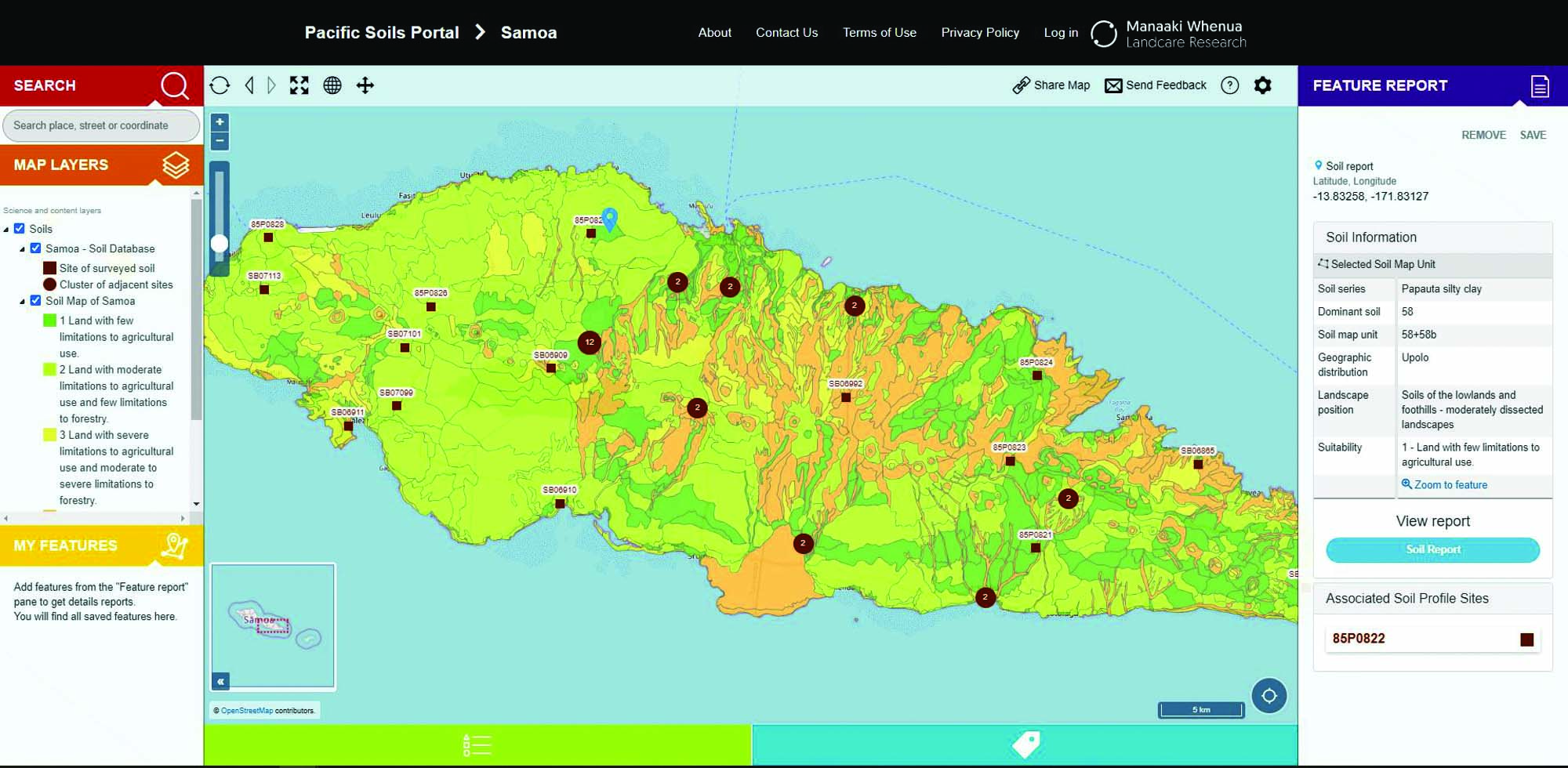 Screen grab of Samoan sites in the Pacific Soils Portal