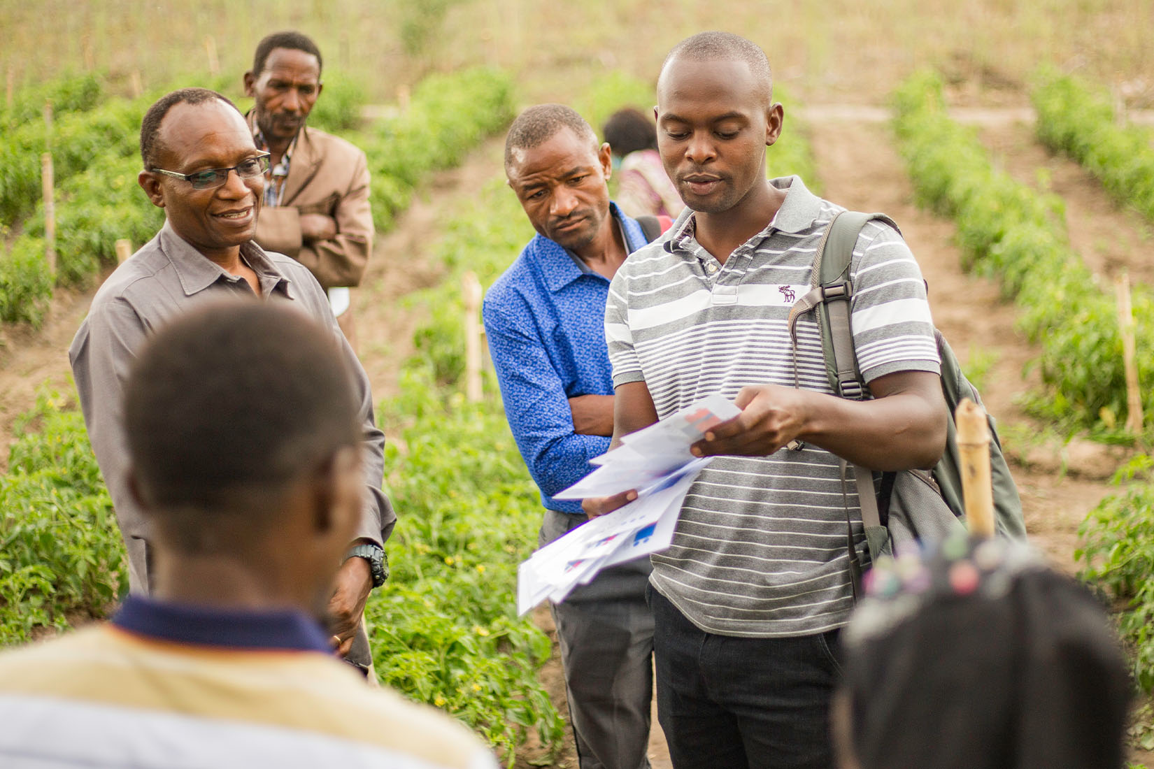 A group of men in a field, with one holding papers, sharing information with the others.