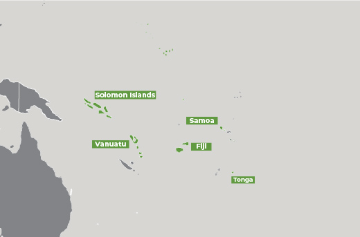 Map of Fiji, Samoa, Solomon Islands, Tonga, Vanuatu