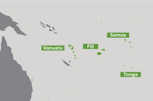 Map showing Fiji, Samoa, Tonga, Vanuatu