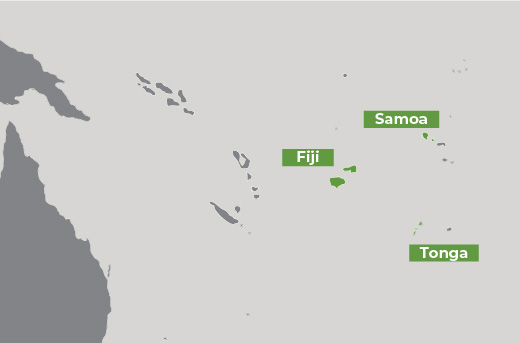 Map showing Fiji, Samoa, and Tonga