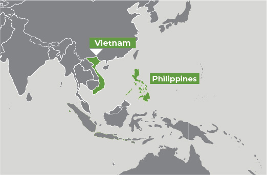 image shows a map highlighting Vietnam and Philippines.