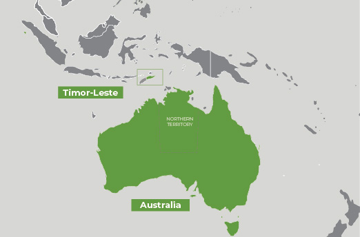 Illustration of a map shows Timor-Leste and Australia highlighted in green.