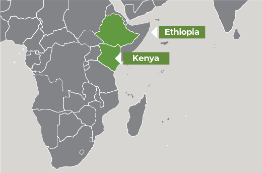 Map of Africa showing Kenya and Ethiopia