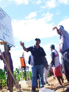 People in field looking at and explaining a notice board