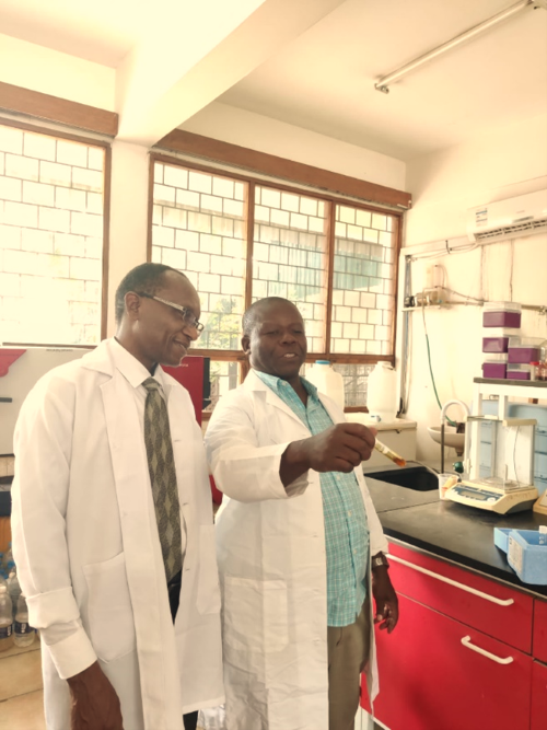 Two men in lab coats looking a test tube in a lab