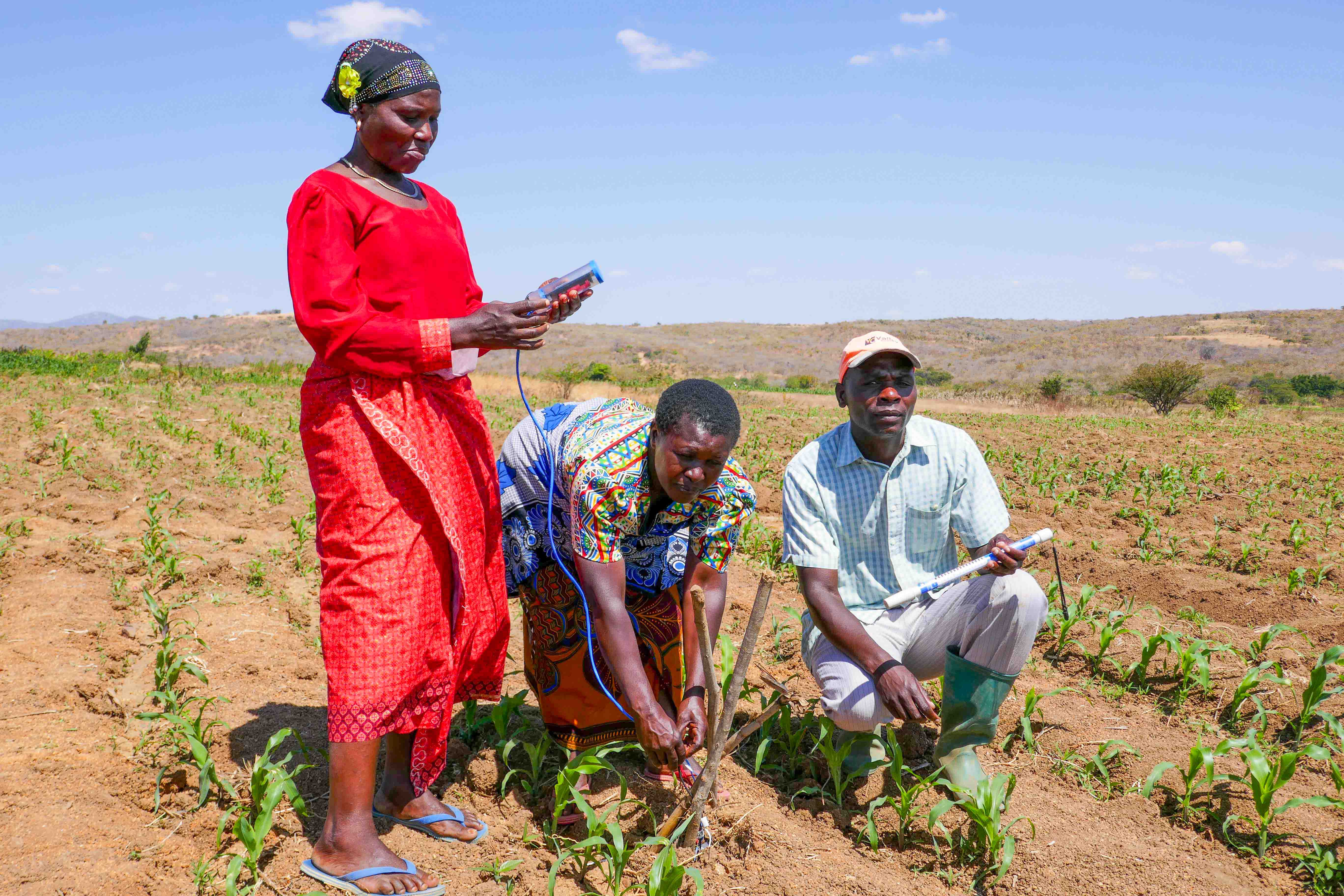 Image: Kiwere Irrigation Scheme farmers in Iringa District connecting the Chameleon Reader to the three underground sensors. Credit: Stanley Awaki