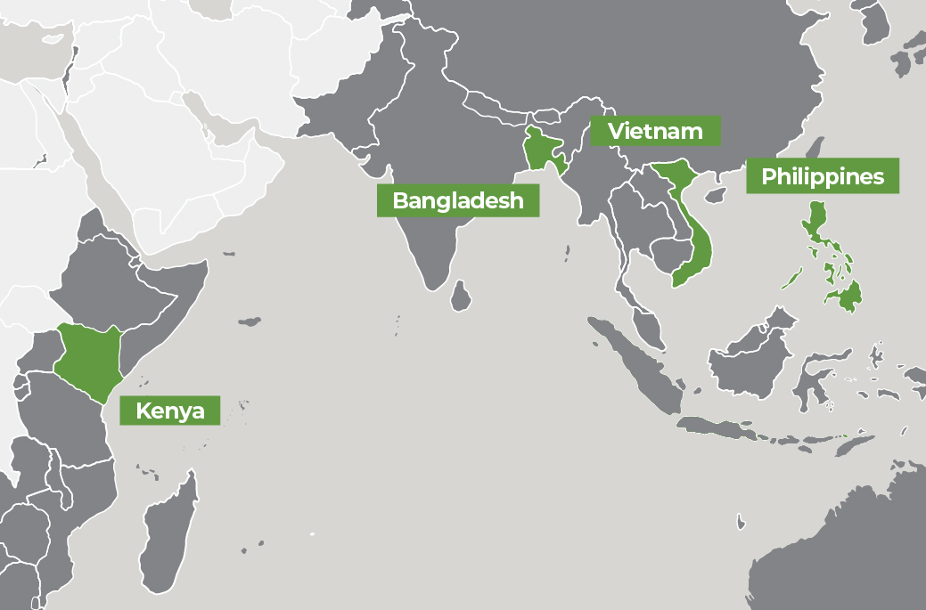 A map showing Kenya, Bangladesh, Vietnam, and Philippines