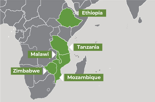 Map of Ethiopia, Malawi, Mozambique, Tanzania, Zimbabwe