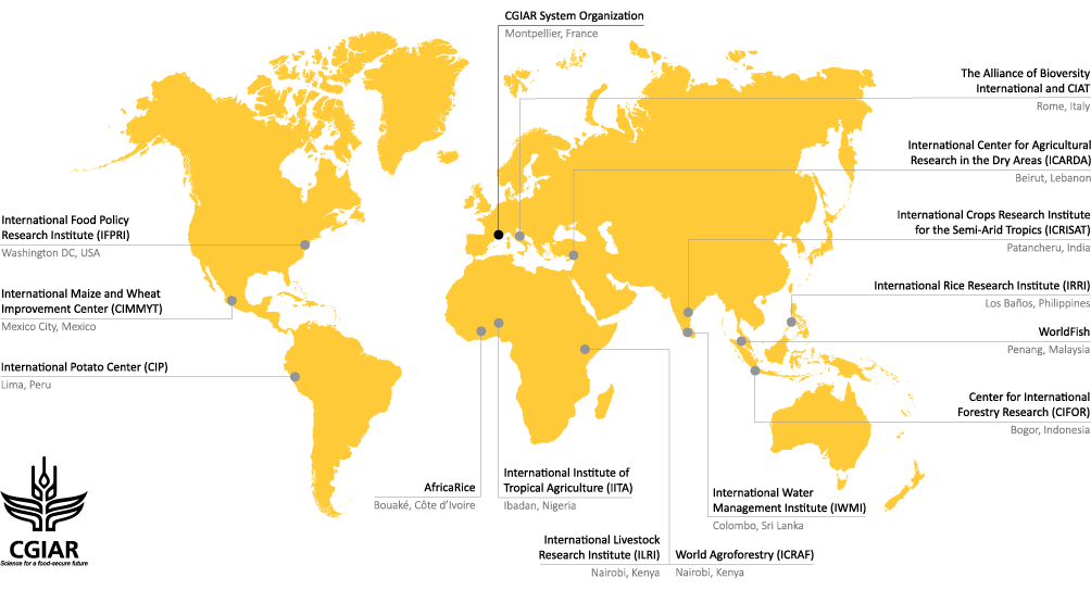 a map showing locations of the agricultural research centres of the CGIAR system